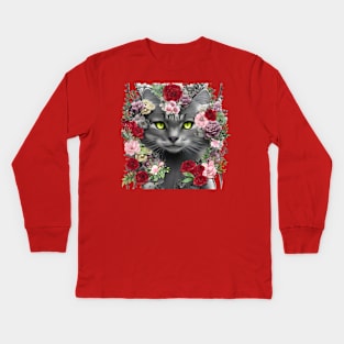 Beautiful Floral Gray Cat Kids Long Sleeve T-Shirt